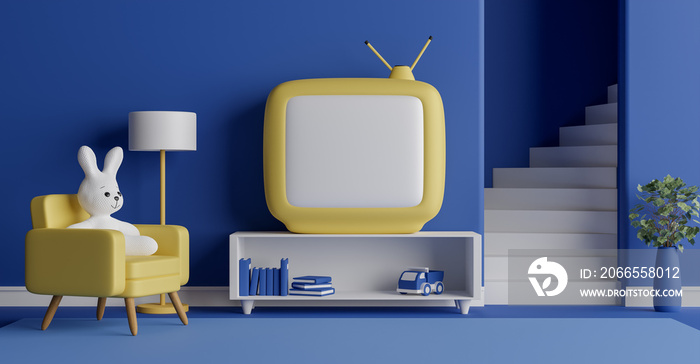 Mock up television frame with cute rabbit doll 3d interior rendering design