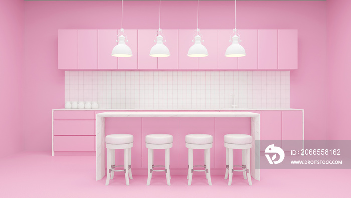 带内置家具和吧台的粉红色厨房的背景。三维渲染