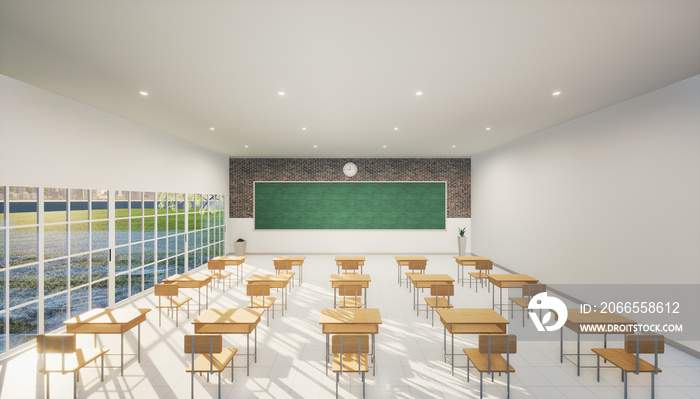 教室的三维效果图。室内由瓷砖地板、木板或黑板和家具组成。
