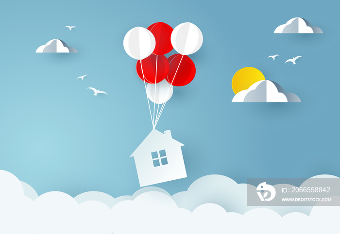 house hanging with balloon on sky. Paper art