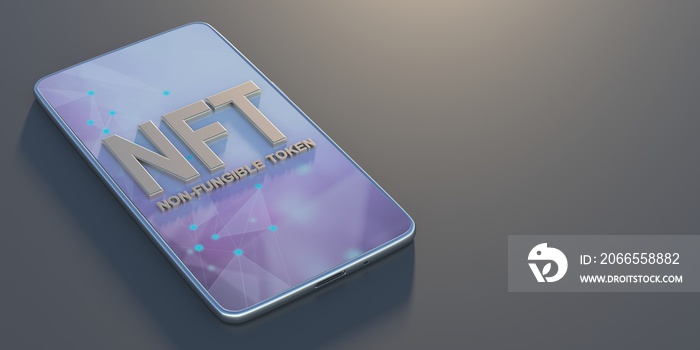 NFT Non Fungible Token text on smartphone, black background. 3d illustration