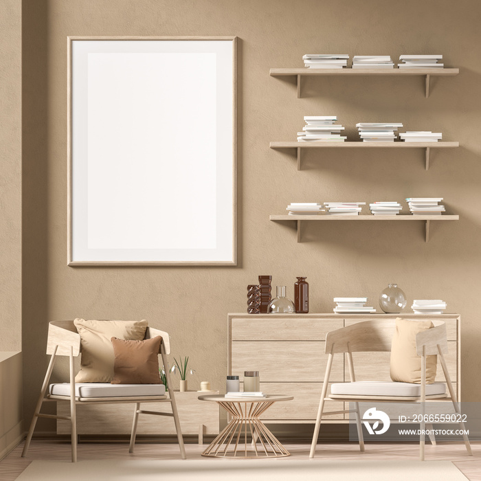 斯堪的纳维亚风格的实体海报框架，配有木制家具。极简主义室内设计