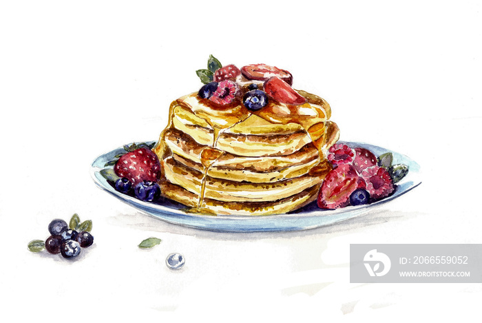 Sweet pancakes on plate, maple syrup, blueberry, raspberry. Watercolor illustration. Design for kitc