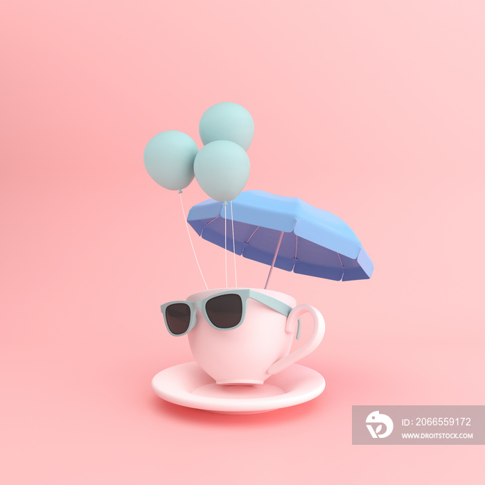 Sunglasses on a coffee cup with umbrella and balloons, Minimal concept. 3D rendering.