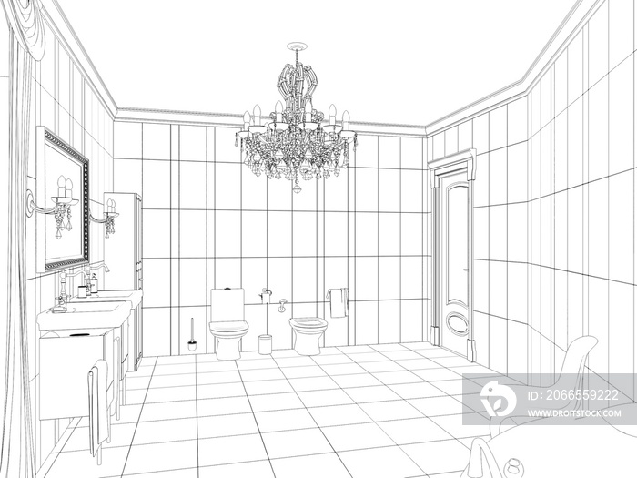 bathroom, contour visualization, 3D illustration, sketch, outline