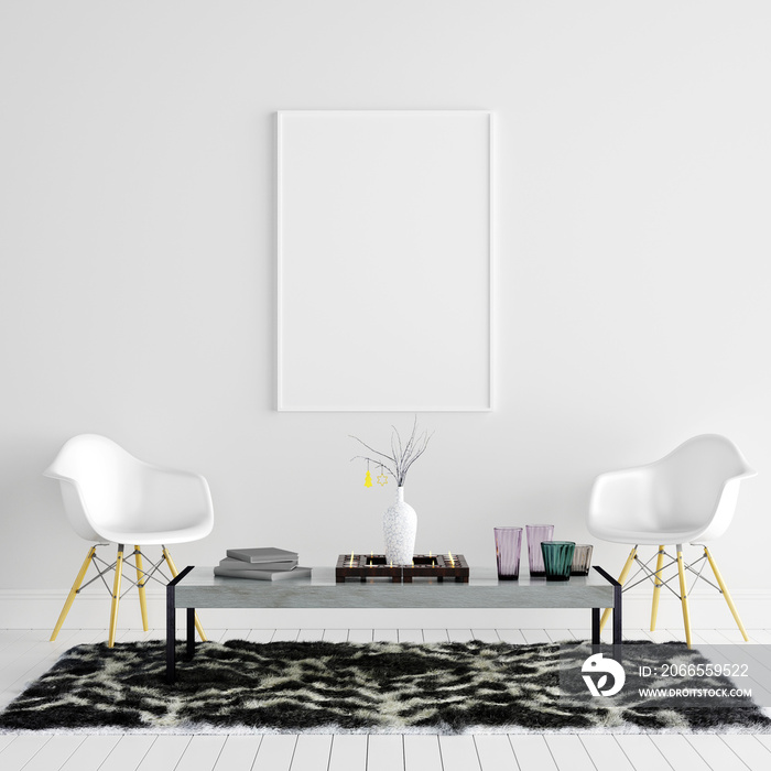 Mock Up Poster Frame in White Living Room with Chairs and Decoration