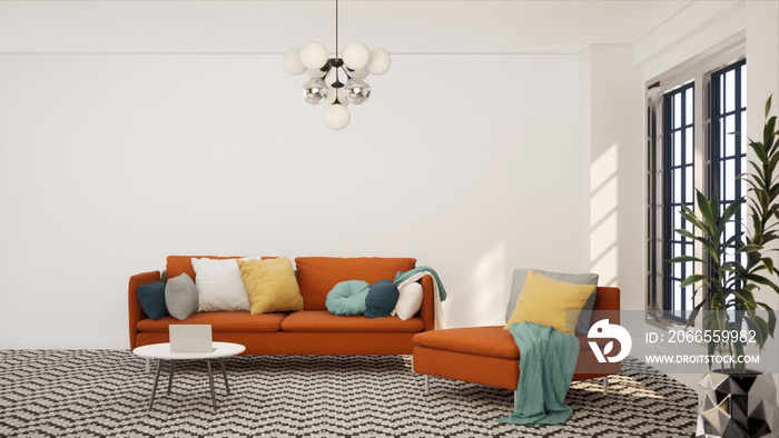 Vintage style living room with retro decor 3d render. The Rooms have pattern floors, white walls and