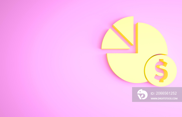 Yellow Pie chart infographic and dollar symbol icon isolated on pink background. Diagram chart sign.