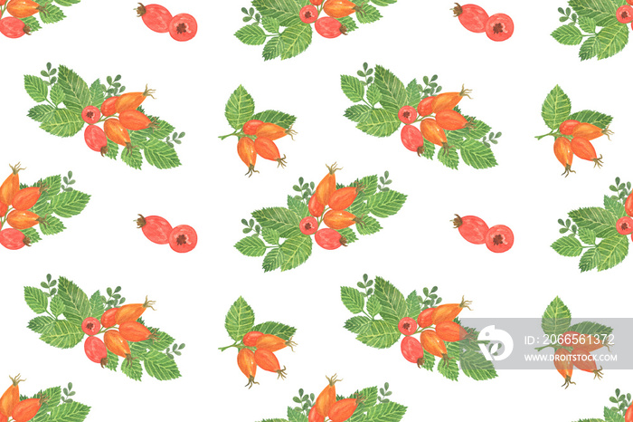 Watercolor flower composition of red rosehip berries with green leaves repeat pattern