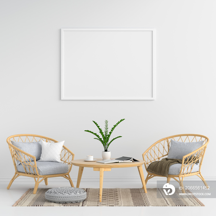 Blank photo frame for mockup in living room, 3D rendering