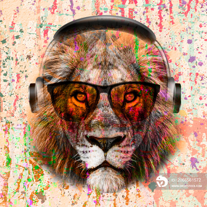 眼镜和耳机中抽象的彩色狮子嘴，白色背景上用油漆隔离