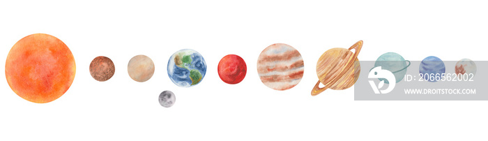 Watercolor illustration of hand painted all planets of Solar system with star Sun amd satellite Moon