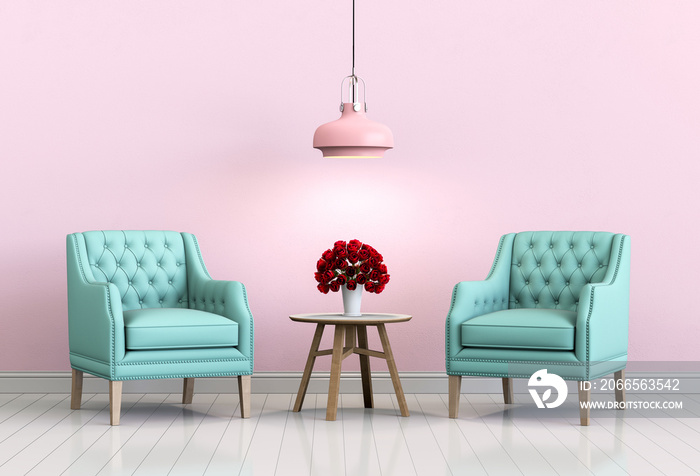 interior living pink room with armchair and rose valentine. 3D render