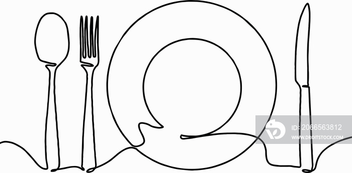 fork and knife on a plate line art drawing illustration