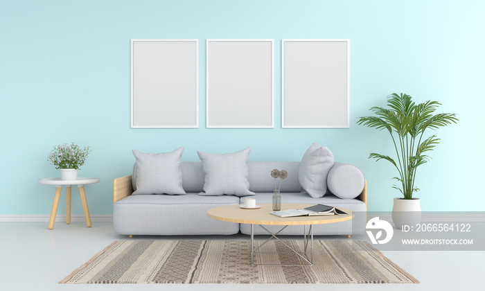 Three blank photo frame for mockup in living room, 3D rendering