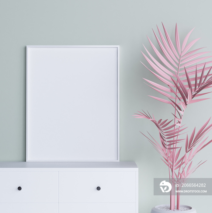 室内背景为淡粉色植物的实体海报框架，3d渲染