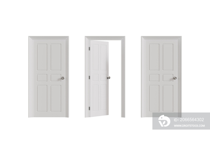 White closed and open doors isolated on white background, 3d illustration.