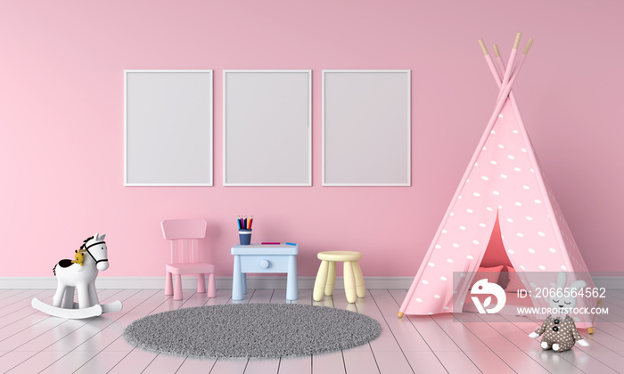 Three empty photo frame for mockup in childern room, 3D rendering