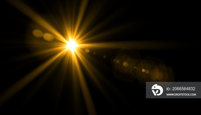 Lens flare light on black background. Easy to add overlay or screen filter over photos