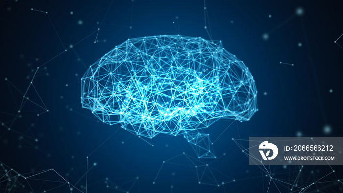 Digital data and network connection of human brain isolated on black background in the form of artif