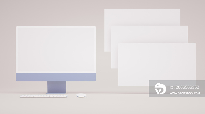 用于ui ux概念设计的带有空白屏幕和浮动幻灯片的彩色计算机屏幕模型。3D re