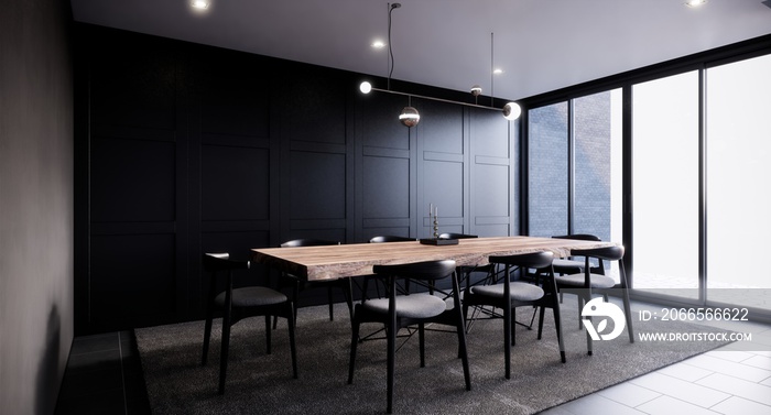 modern minimal dining room interior design, black wall, looking out to see the view, 3d render backg