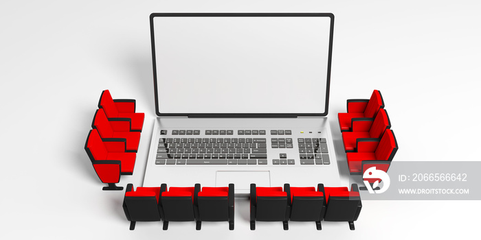 电影院椅子围绕着笔记本电脑，空白白色屏幕用于复制空间，白色背景。3d插图