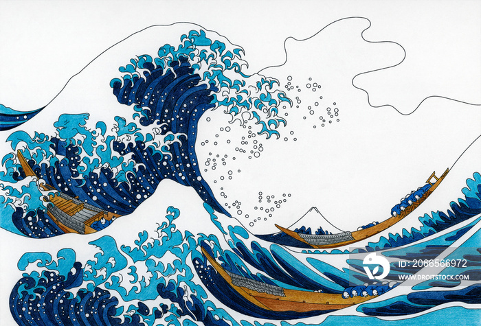 神奈川大浪潮（1829&ndash；1833），作者：Katsushika Hokusai：成人上色页