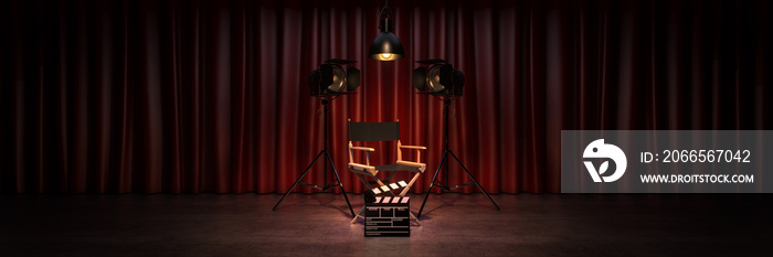 Video, movie, cinema concept. Directors chair and movie clapper. 3d rendering