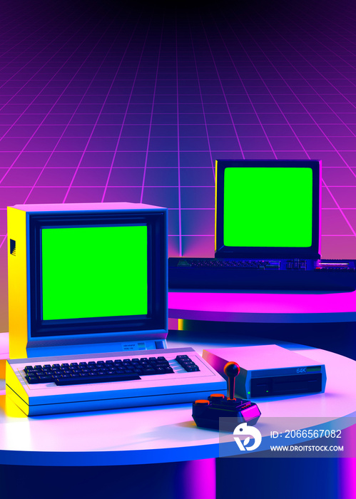 具有绿屏显示的Retrowave计算机，抽象-三维渲染