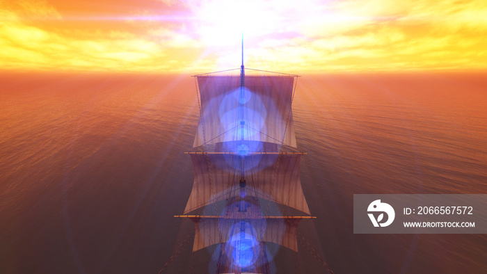 old ship sunset at sea 3d rendering