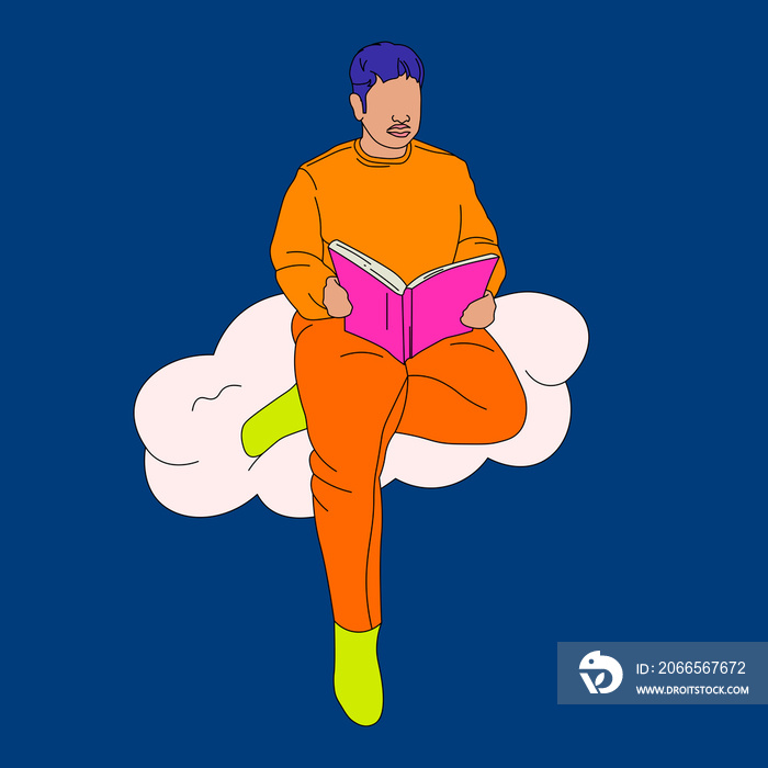 Person reading a book to the right on a cloud