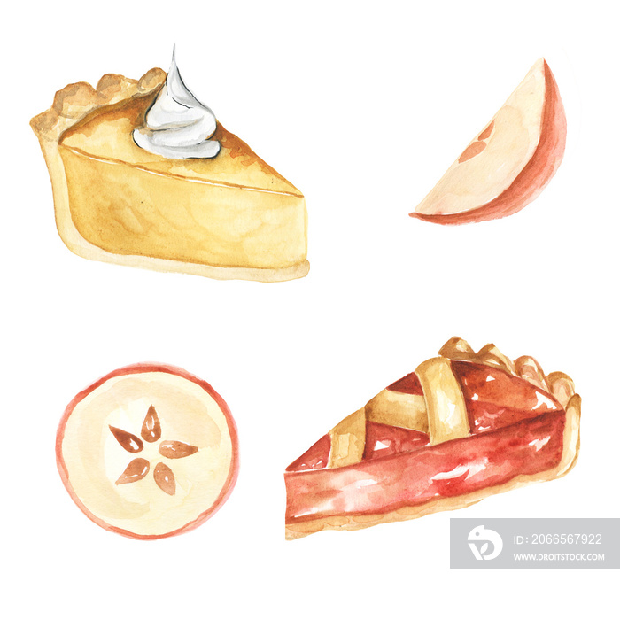 一套水彩秋季甜点和水果。手绘馅饼和苹果。非常适合菜单和海报