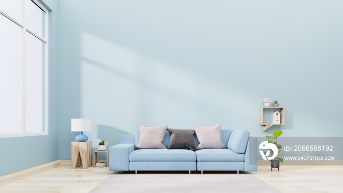 Interior wall mock up with blue sofa, pillows and plants in vase on empty blue background,3D renderi