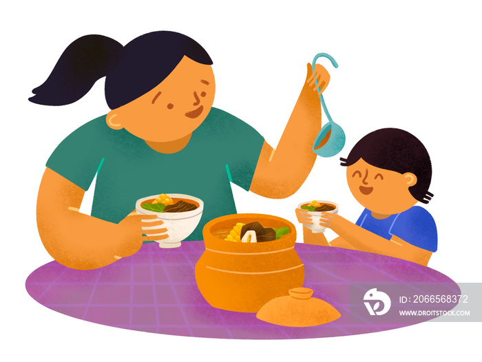 Filipino mother and son sharing bulalo in palayok