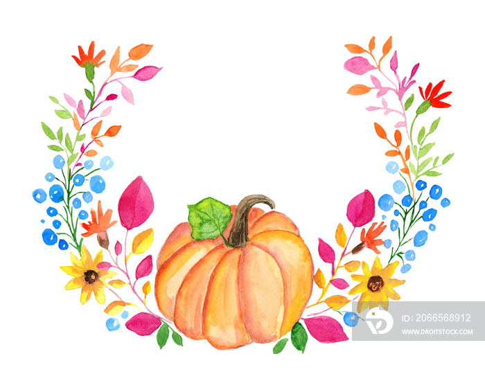 Watercolor autumn floral wreath with pumpkin isolated on white background.