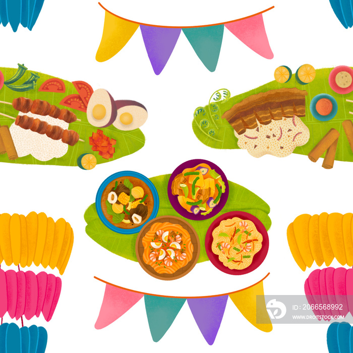 Filipino fiesta illustrated pattern with stews, pansit, meat boodle food fight spread, banderitas, a