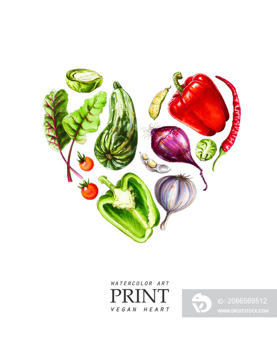 Watercolor vegetables laid out in the form of a heart. Print for clothes, textiles, bags or postcard