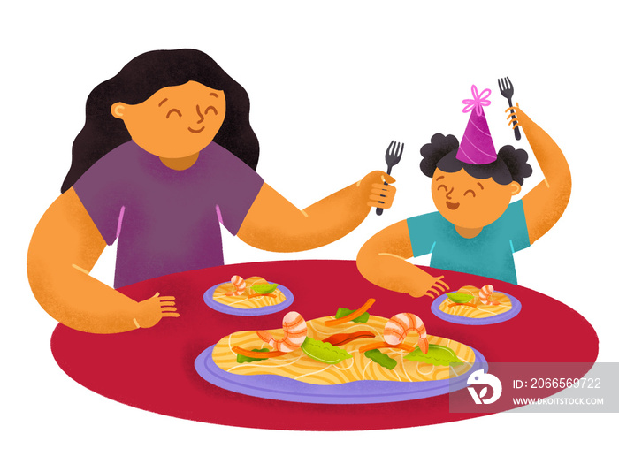 Filipino mother and daughter eating pansit bihon noodles together during a birthday