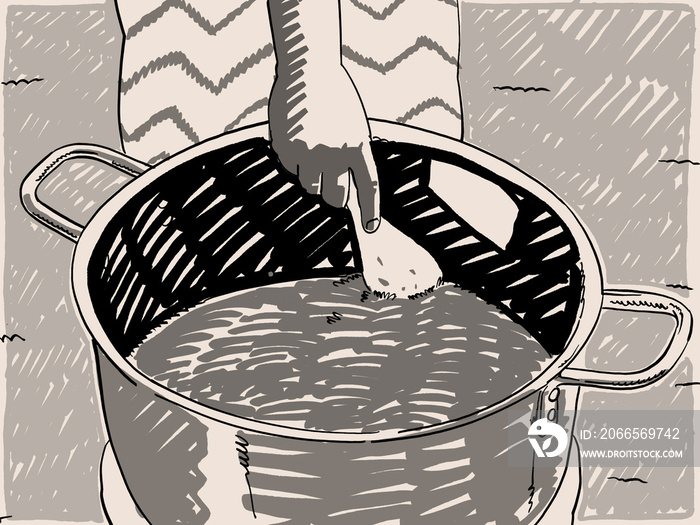 An Illustration of hands cooking vegetables in a big pot