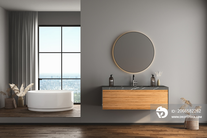 Modern bathroom interior with dark brown parquet floor, white and black bathtub and marble wash basi