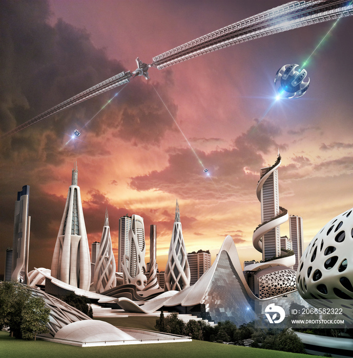 具有异国能源的未来主义城市和太空轮