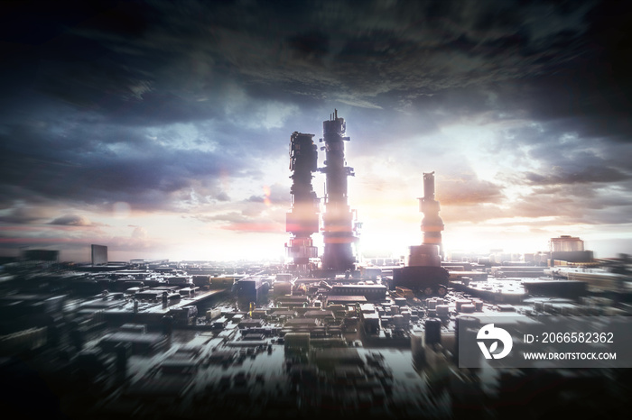 Skyline of a virtual city made by motherboard and electronics parts, photo manipulation