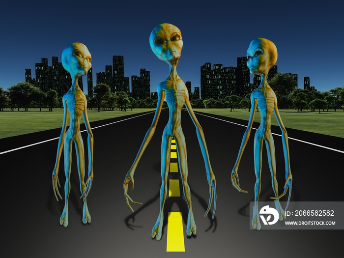 Aliens on road to city