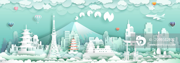 Travel to japan with panorama view landmarks of asian architecture.