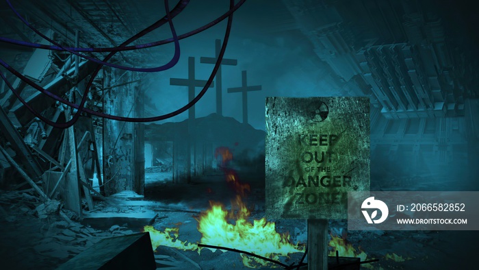 3D illustration of sign Danger zone  - Post apocalyptic scene