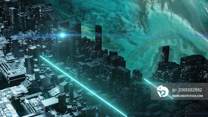 3d illustration - alien sci-fi city with optical flares