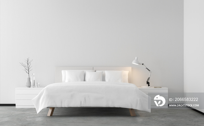 极简风格的卧室三维渲染图。有混凝土地板，用白色木地板装饰墙壁