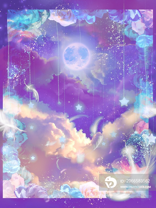 Background of blue full moon and clouds and feathers behind colorful roses’s frame