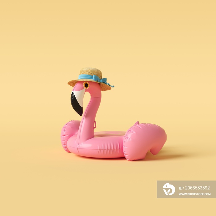 Flamingo float on yellow background. Summer minimal concept. 3d rendering